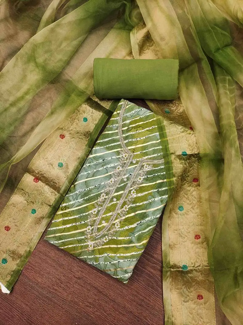 Women's green cotton handwork unstitched dress material