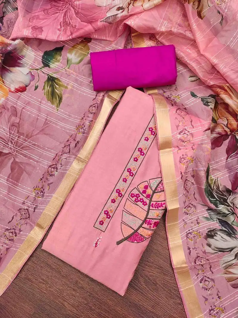 Women's pink cotton silk handwork unstitched dress material