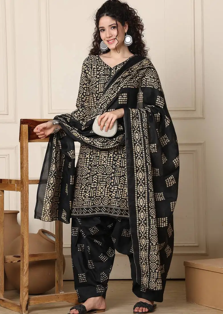 Beige & black cotton blend printed ready to wear patiala salwar suit stitched