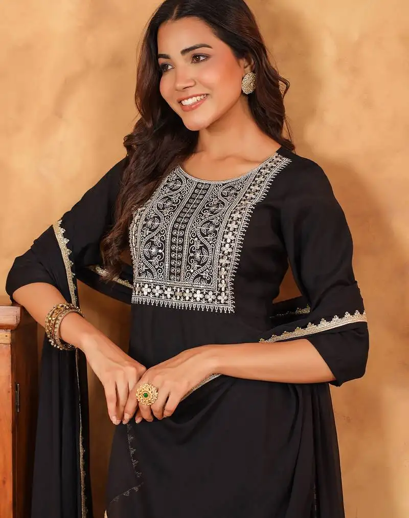 Women's black chanderi silk yoke embroidered straight kurta set