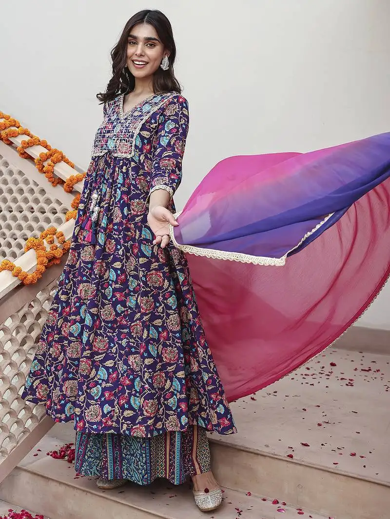 Women's purple cotton embellished ethnic printed kurta with flared palazzo and dupatta