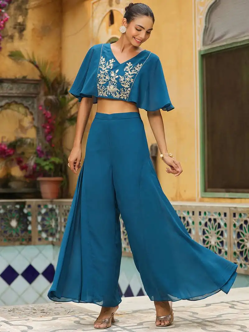 Women's teal blue georgette yoke embroidered co-ord set