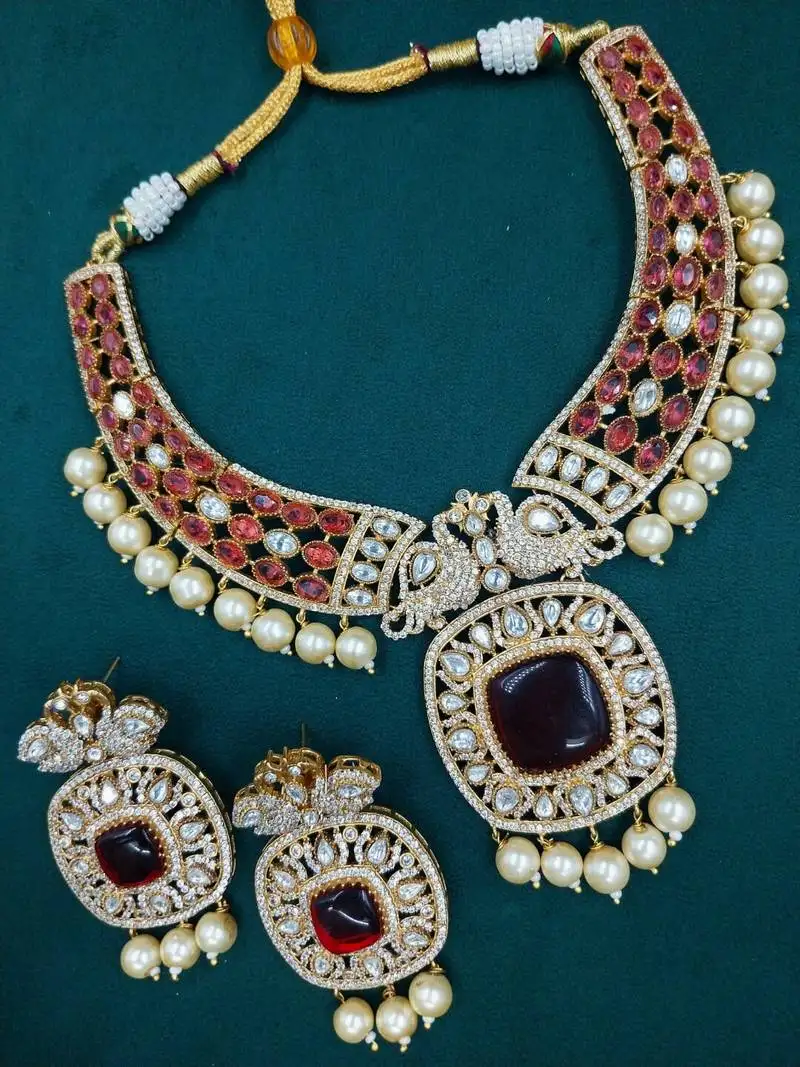 Traditional ruby kundan pearl choker necklace set for women