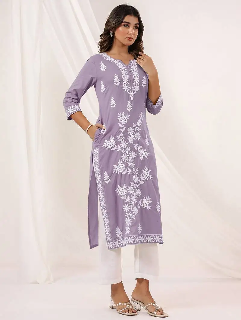 Women's light purple cotton embroidered straight kurta