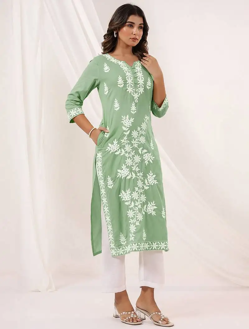 Women's light green pure cotton embroidered straight kurta