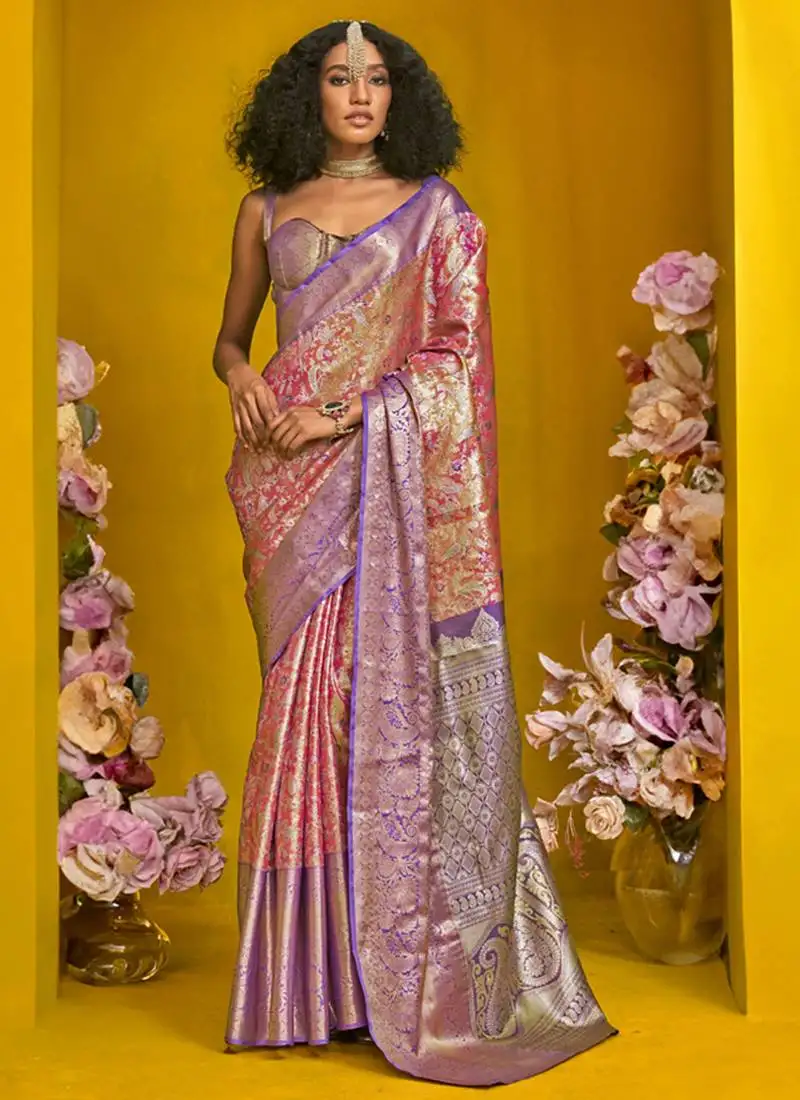 Lavender & peach art silk handloom weaving saree
