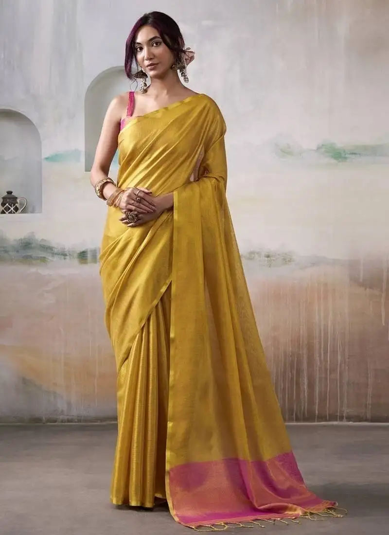 Mustard tissue silk with beautiful tussle festival wear saree