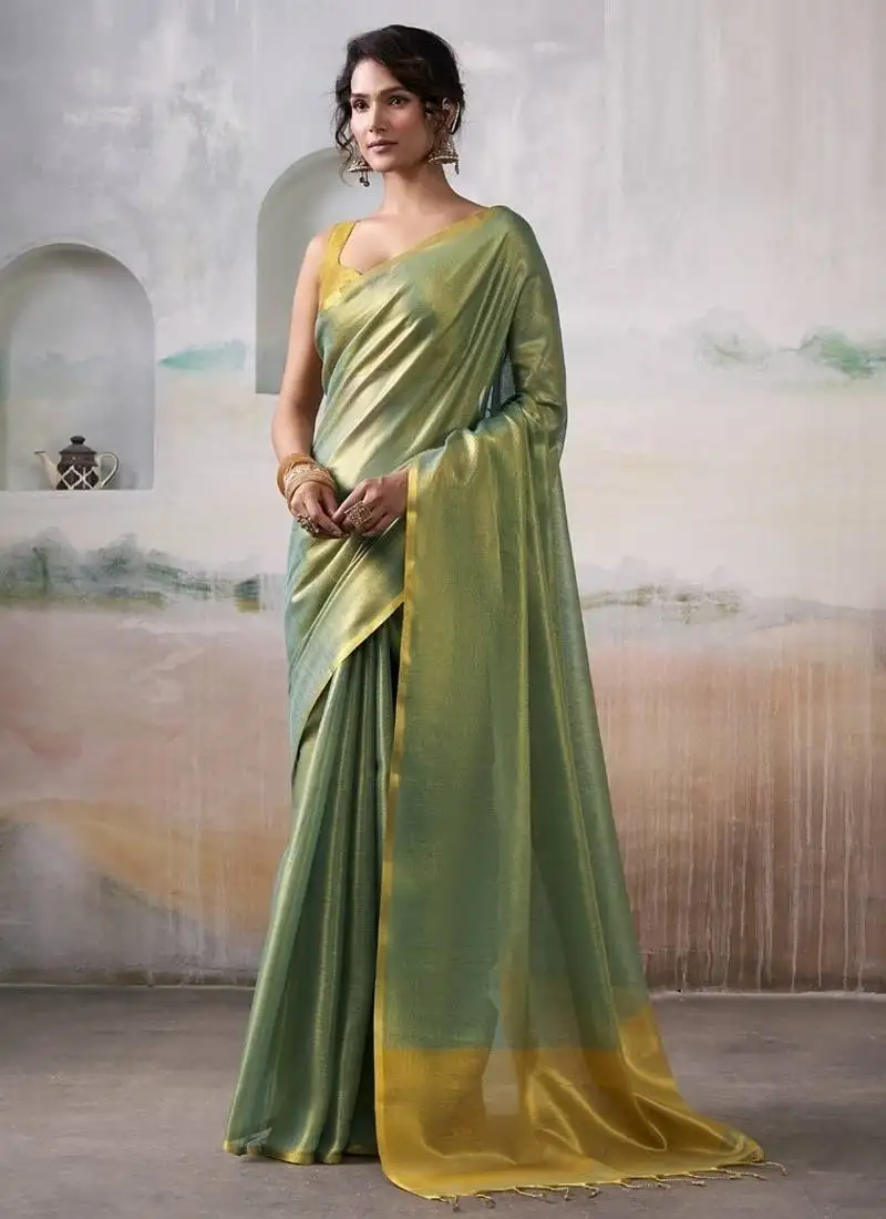 Olive tissue silk with beautiful tussle festival wear saree