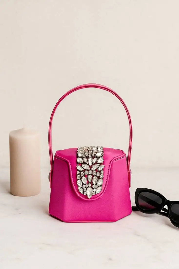 Elegant pink crystal bucket bag