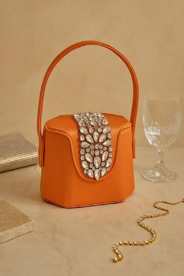 Elegant orange crystal bucket bag