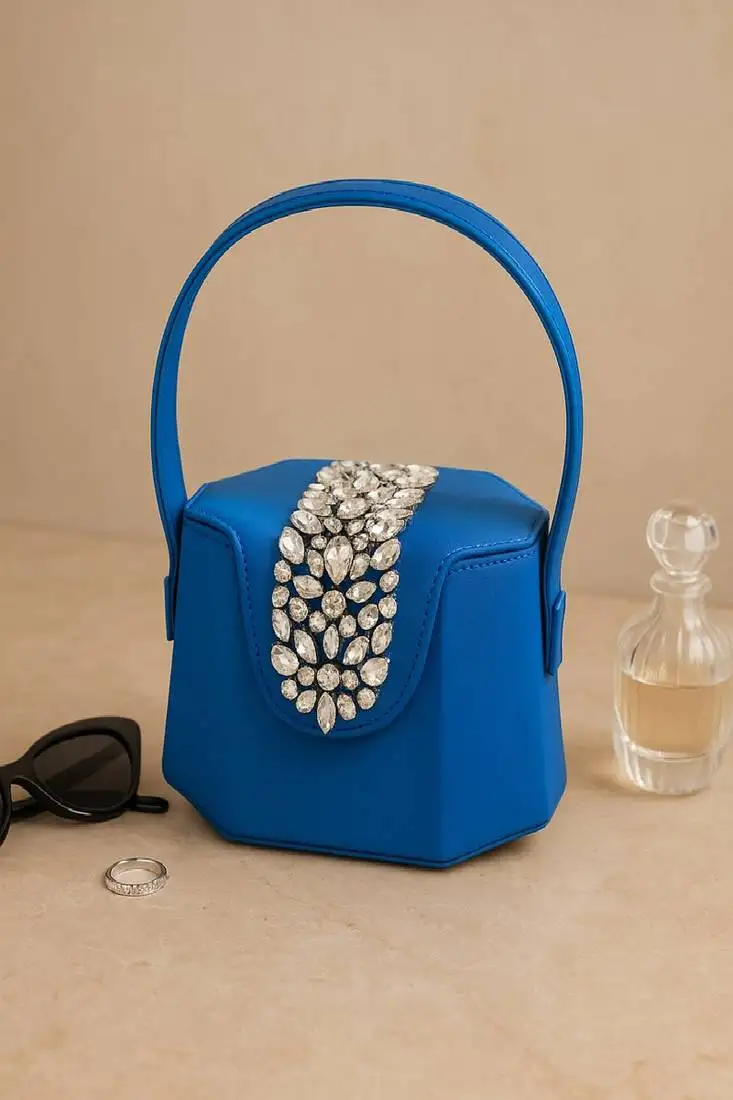 Elegant blue crystal bucket bag