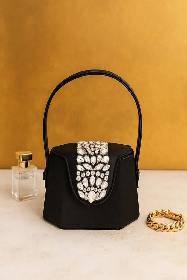 Elegant black crystal bucket bag