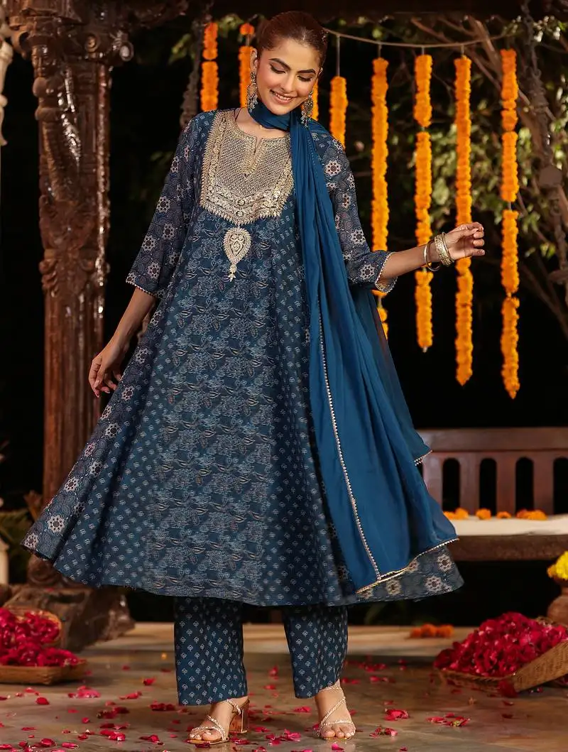 Women's dark blue georgette ajrakh printed embellished anarkali kurta set