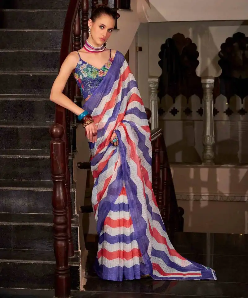 Blue muslin leheriya printed cotton saree