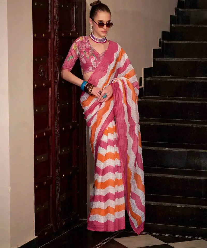 Pink muslin leheriya printed cotton saree