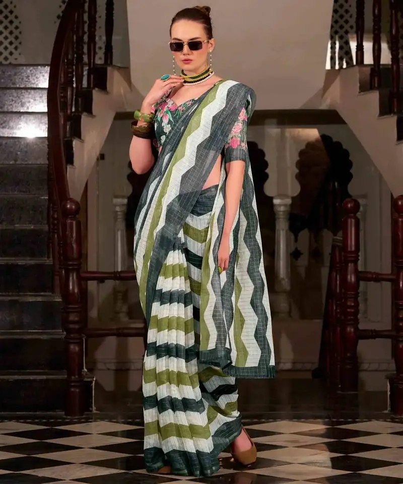 Green muslin leheriya printed cotton saree