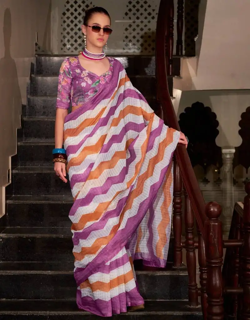Violet muslin leheriya printed cotton saree