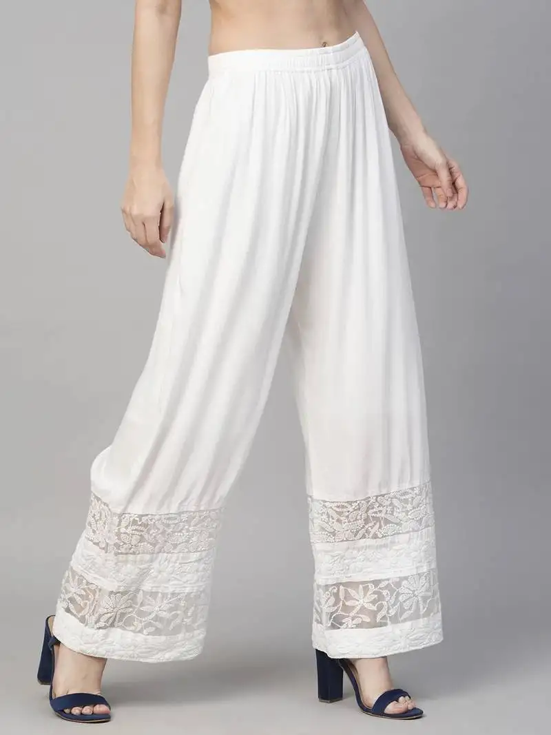 Hand embroidered pearl white rayon lucknowi chikankari palazzo