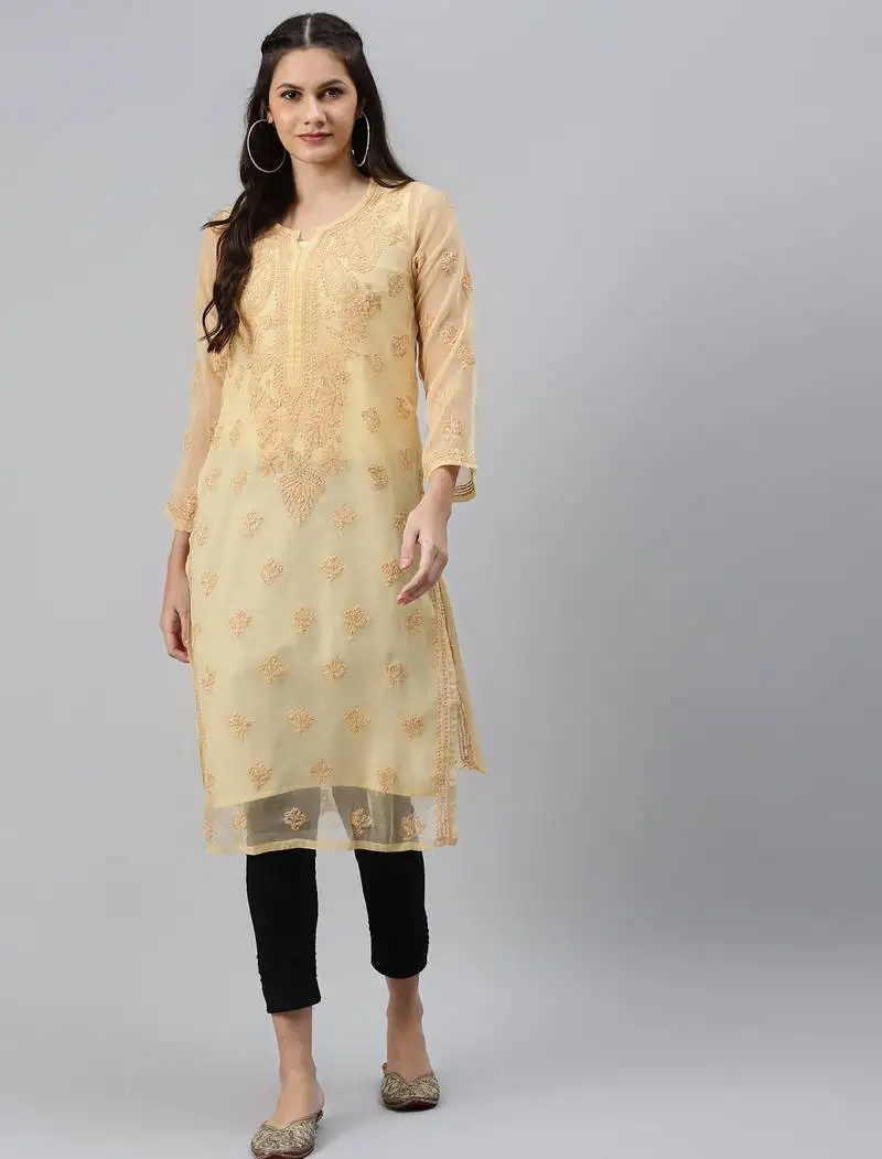 Hand embroidered fawn georgette lucknowi chikankari straight kurta set with slip