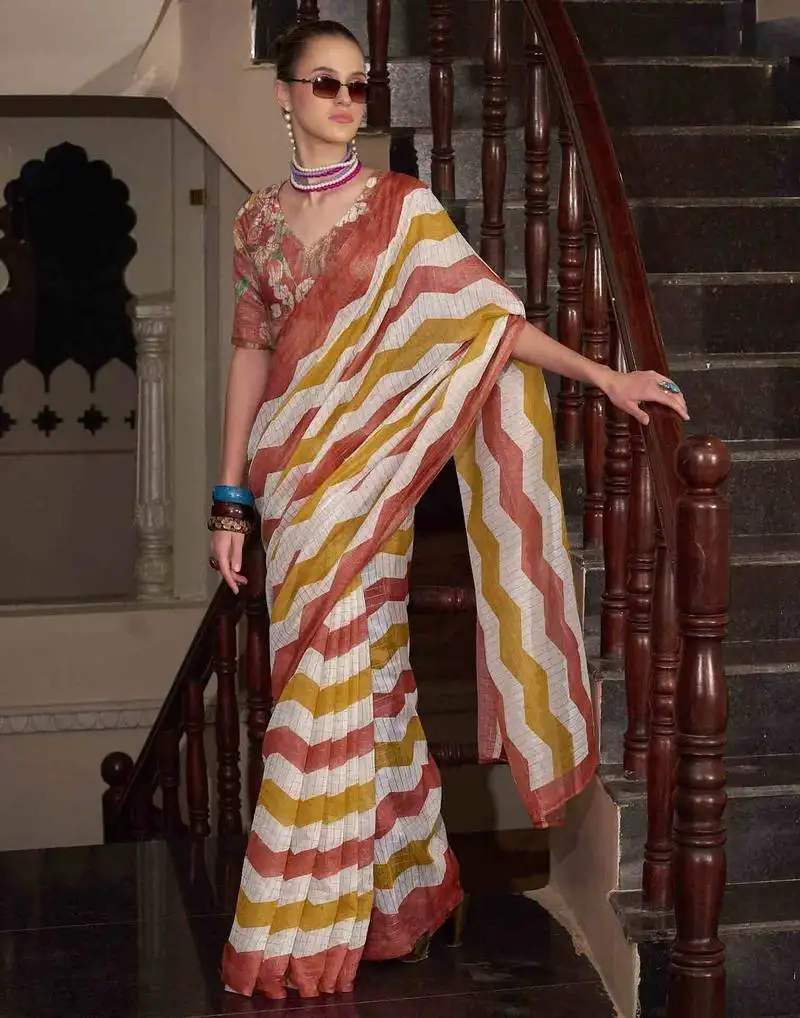 Maslin leheriya print cotton saree with multicolored cotton tussle at pallu for women in wear for traditional or party