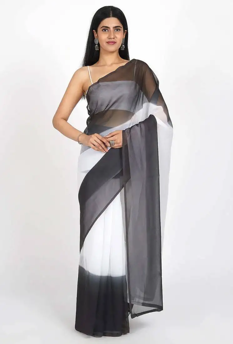 Light black georgette shading print ready to wear saree