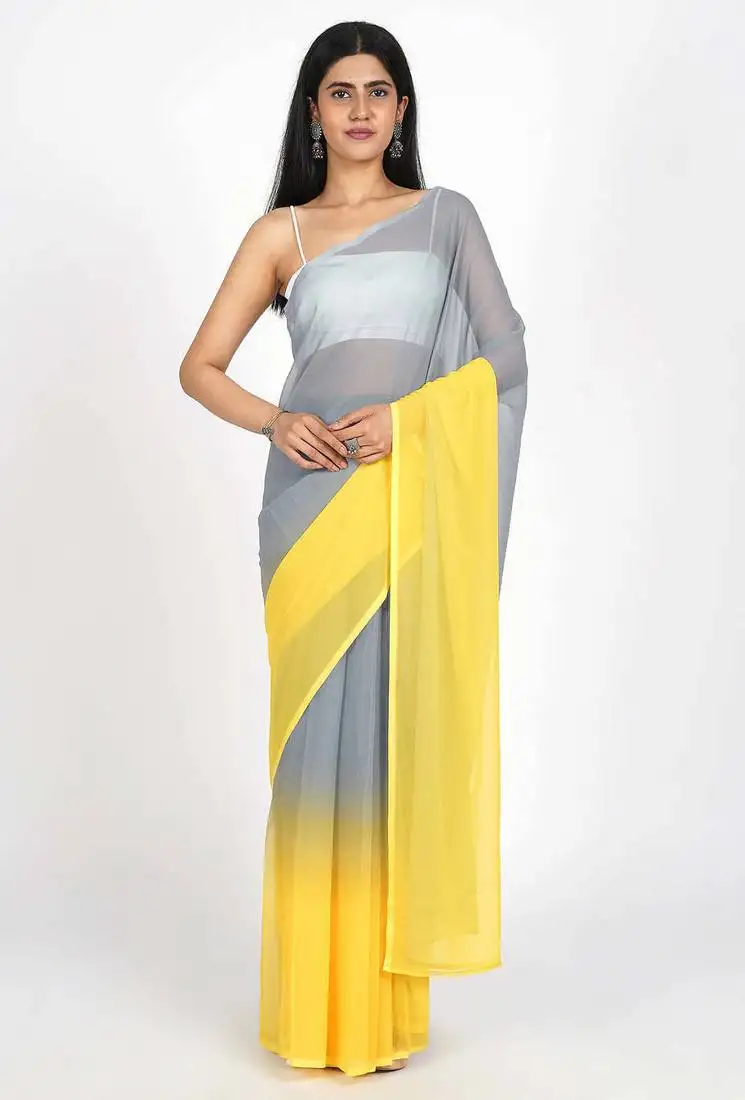 Yellow georgette shading print ready to wear saree