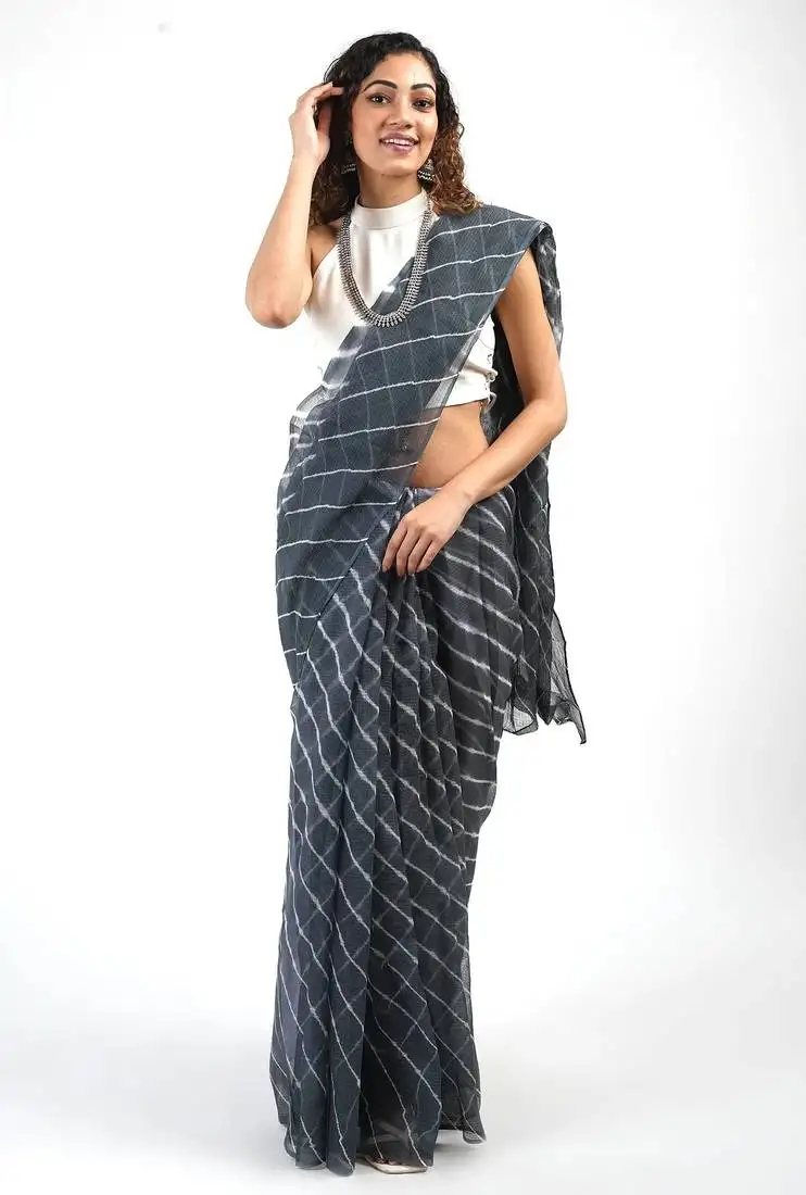 Grey kota chex fabric leheriya print saree
