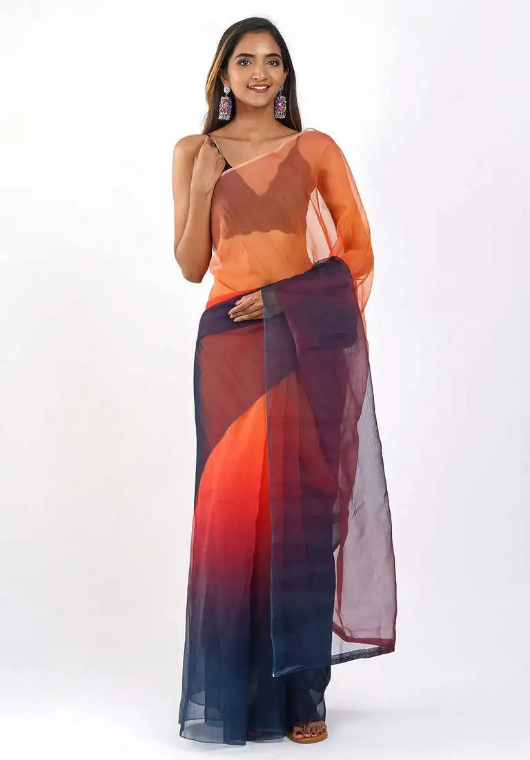 Orange organza dual color shading print saree