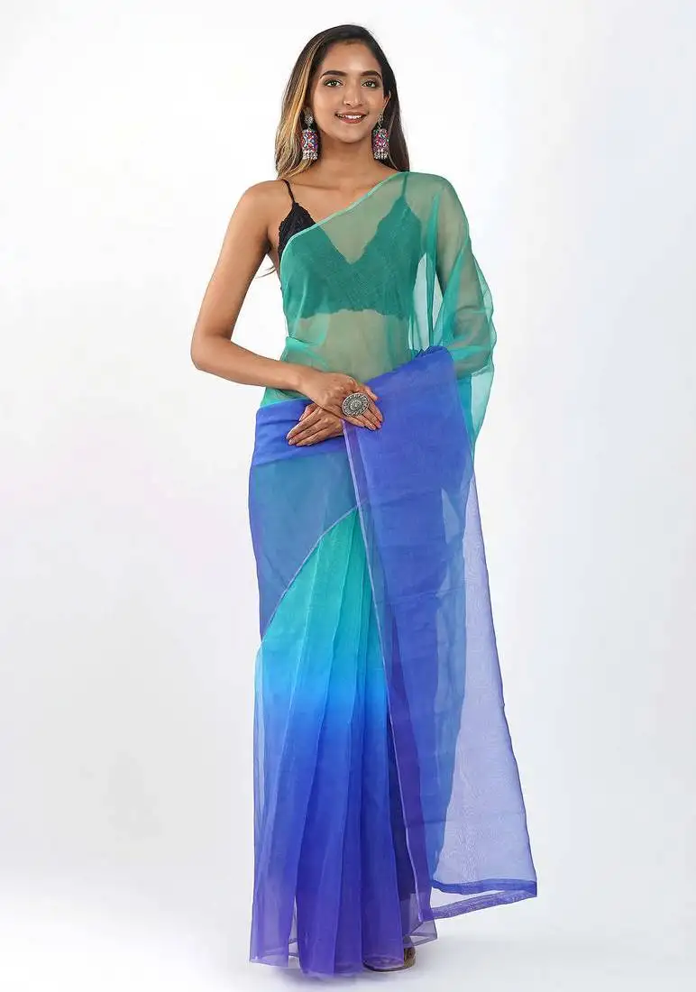 Sea green organza dual color shading print saree