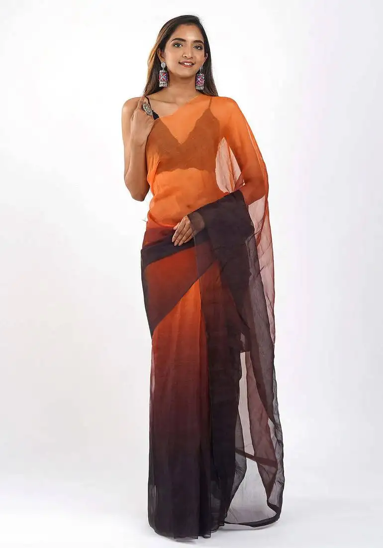 Orange and black organza shading print saree