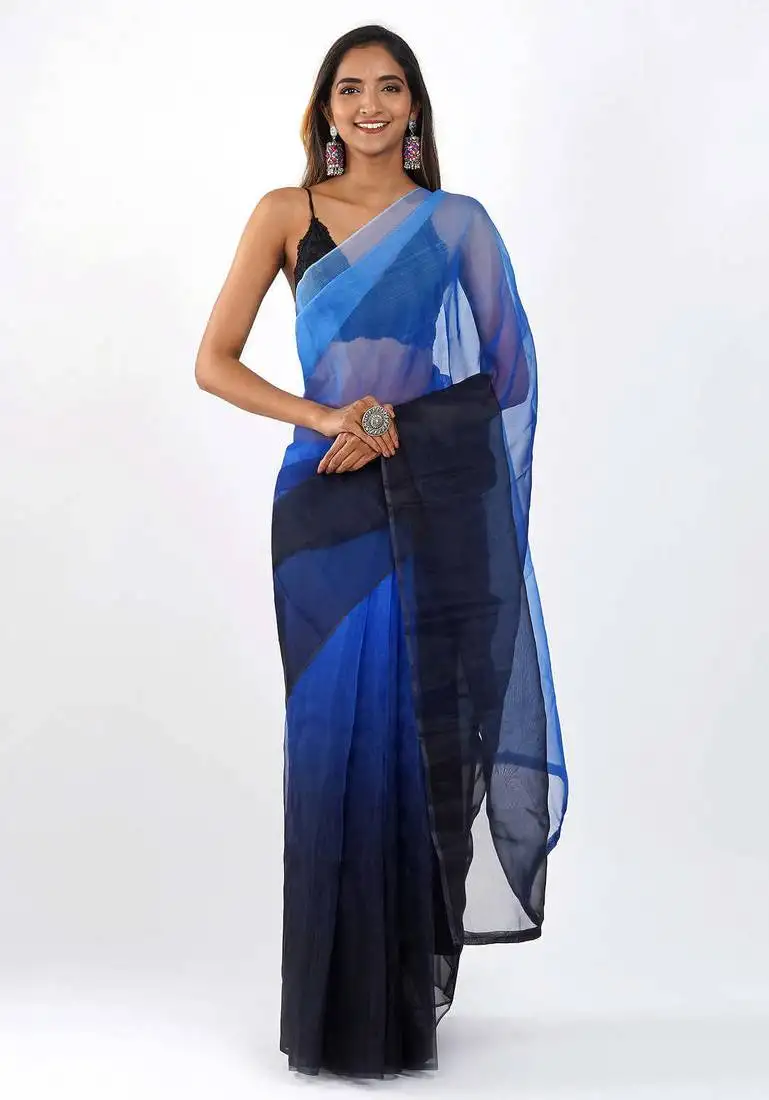 Blue and black organza shading print saree