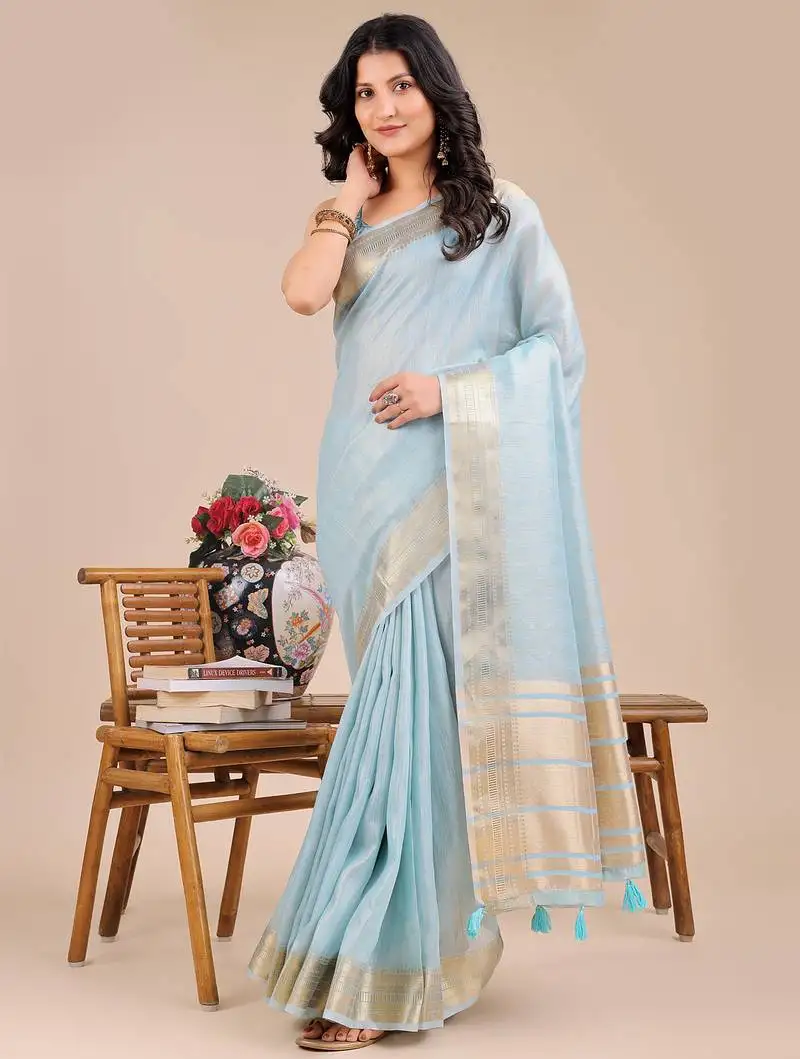 Sky blue color organza fabric wevon designer traditonal wear saree