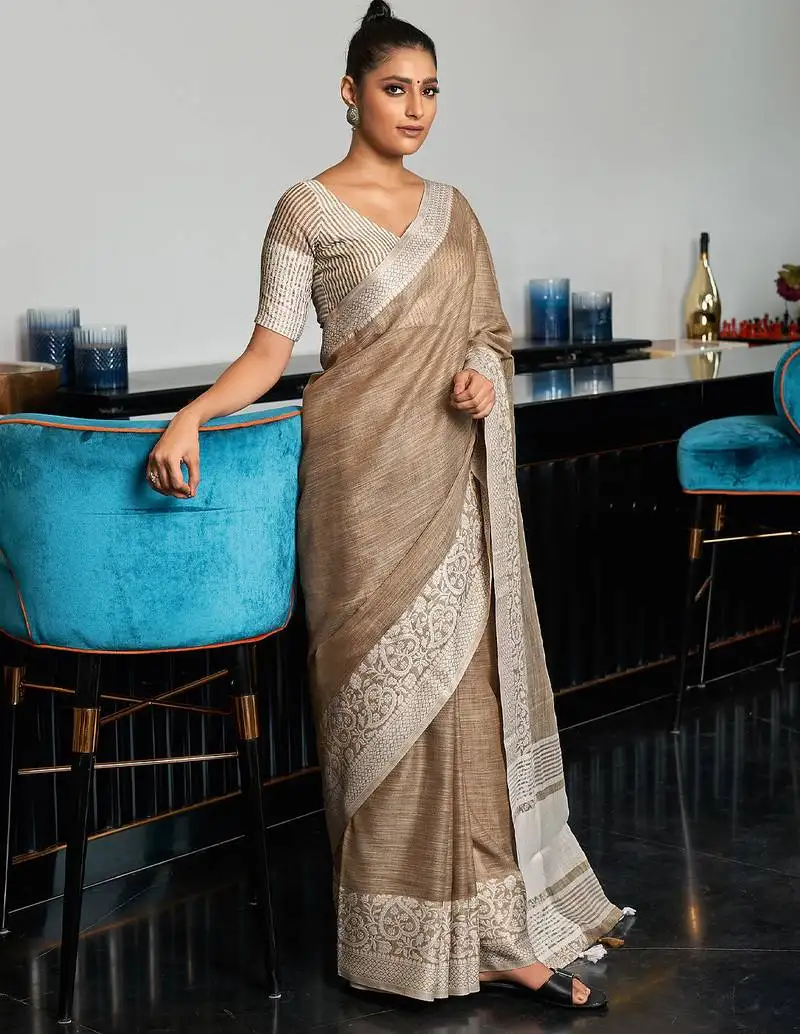 Beige color beautiful woven designer linen fabric graceful saree