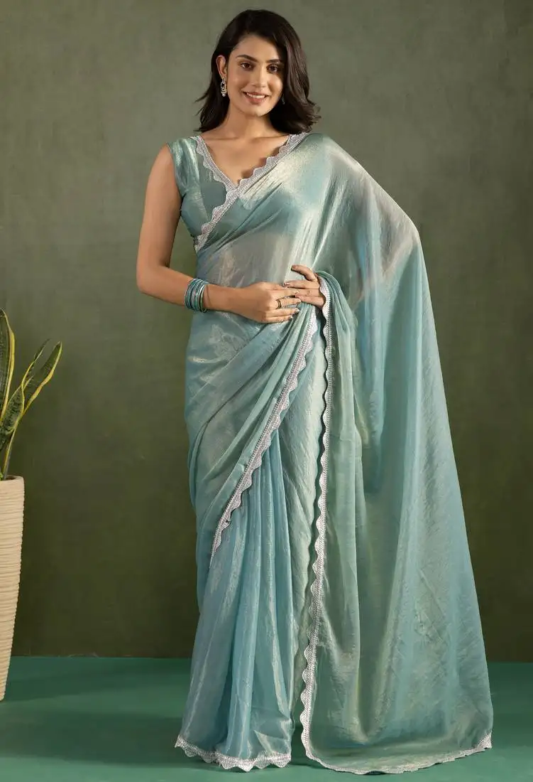 Sky blue color chiffon fabric ready to wear saree for graceful bollywood style saree