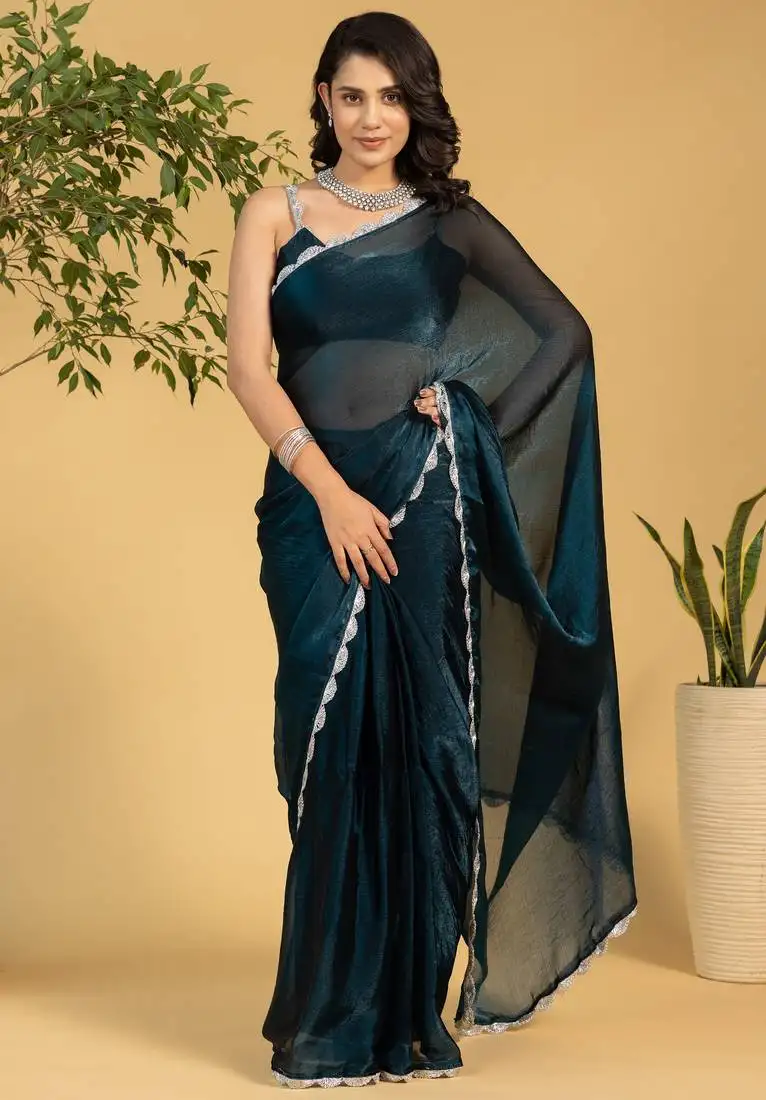 Teal blue color chiffon fabric ready to wear saree for graceful bollywood style saree