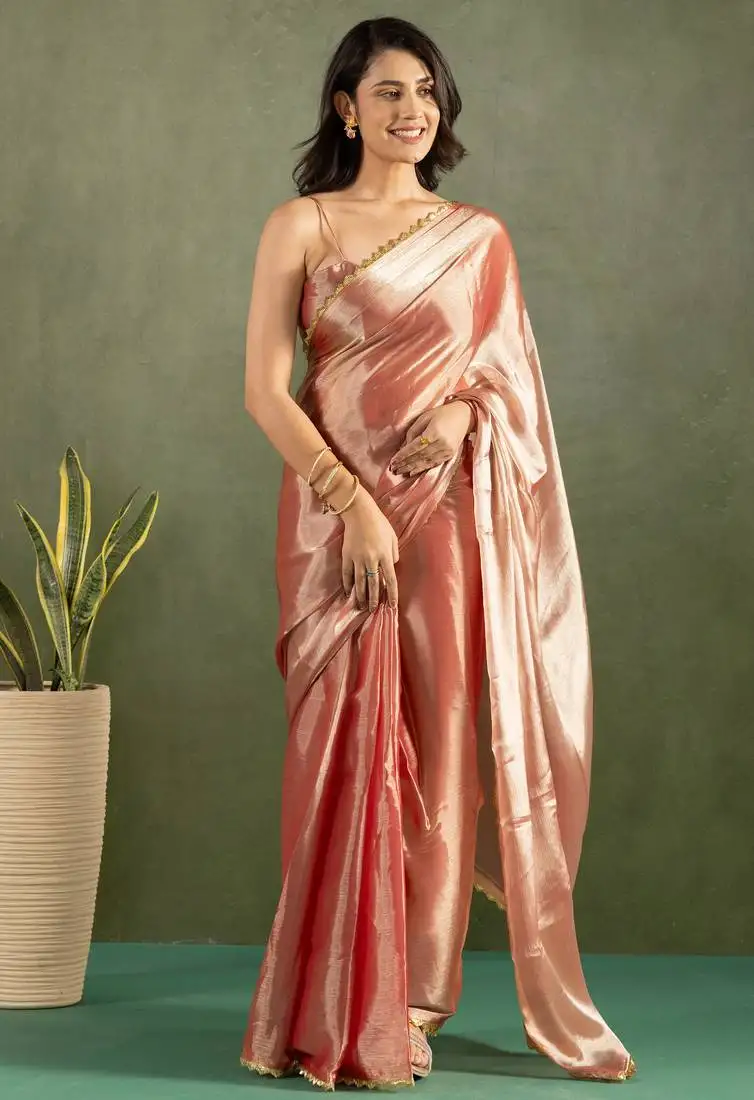 Rose gold color chiffon fabric ready to wear designer solid partywear saree