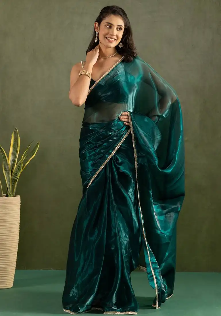 Blue color chiffon fabric ready to wear designer solid partywear saree