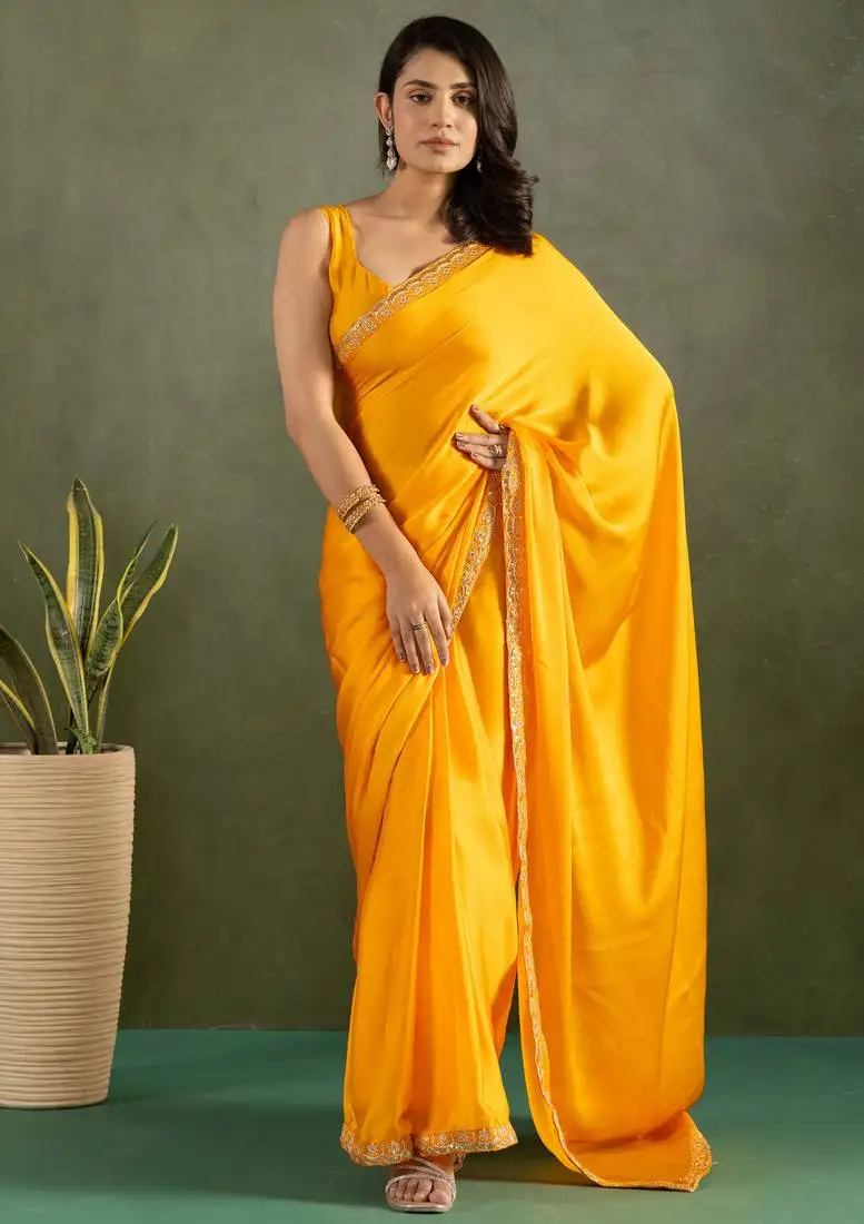 Yellow color chiffon fabric ready to wear designer solid partywear saree