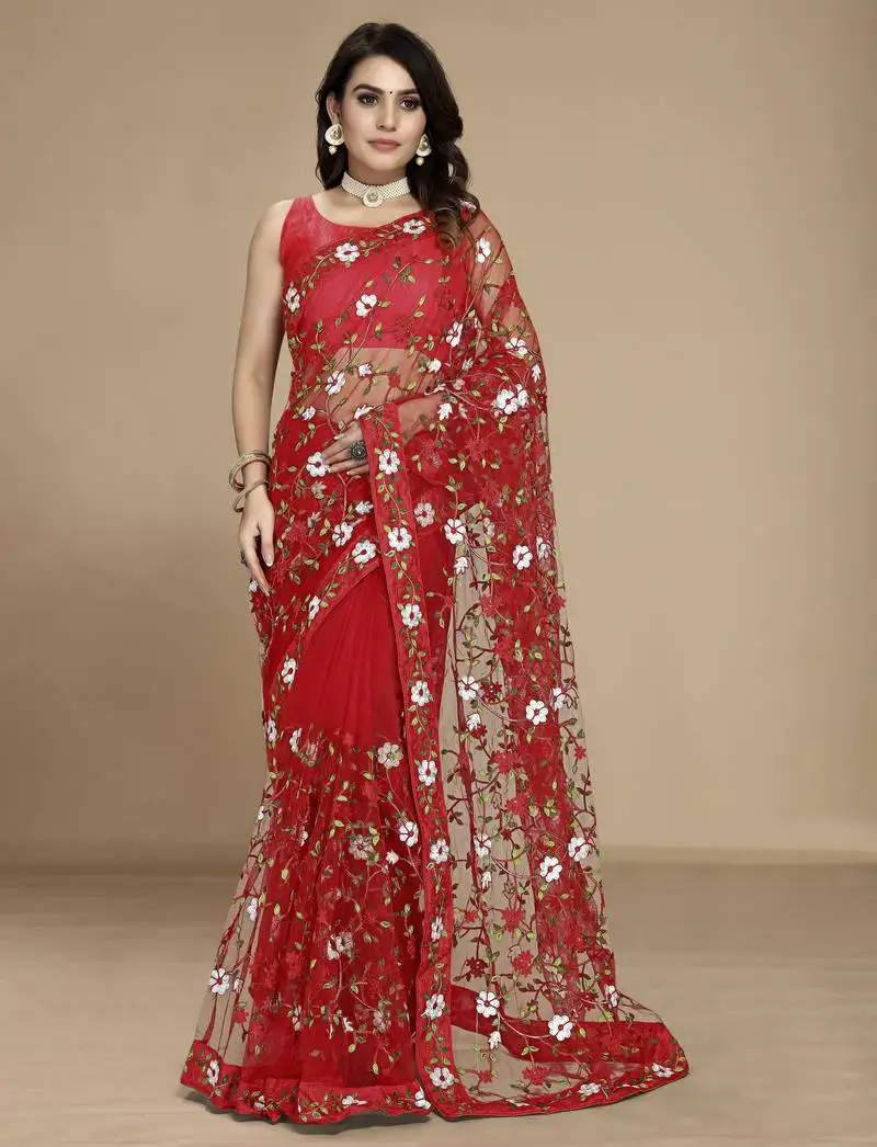 Red soft net multi thread embroidered saree