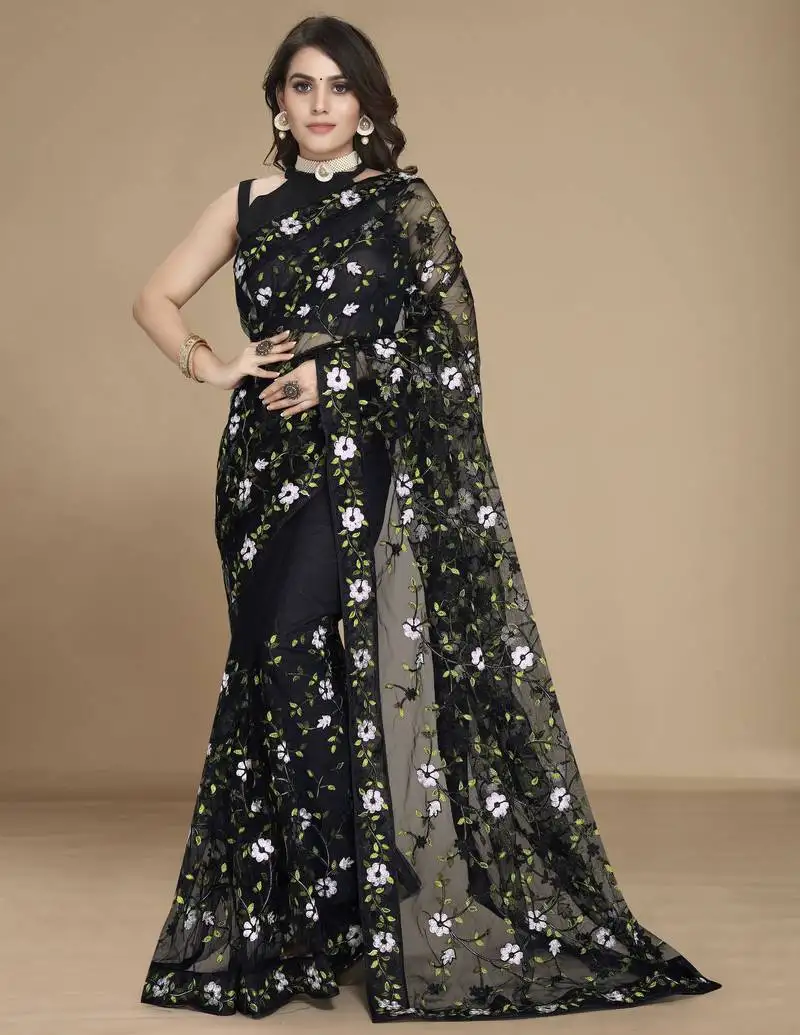 Black color soft net fabric designer multy thread embroidery work smart partywear saree