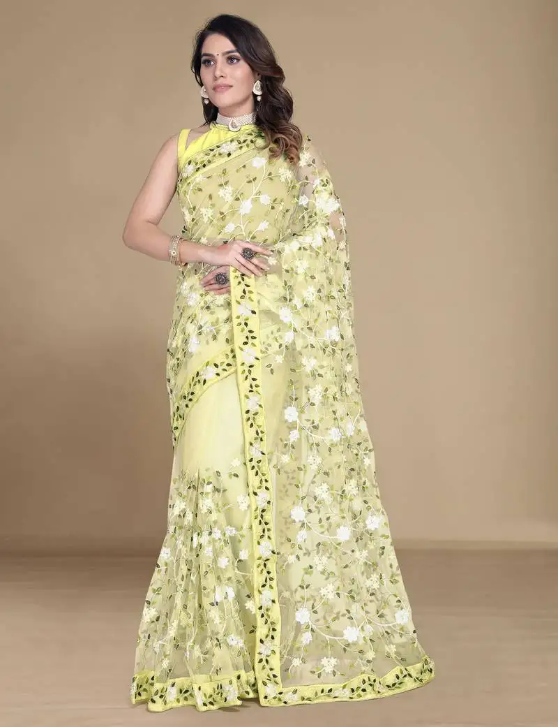 Yellow color soft net fabric designer multy thread embroidery work smart partywear saree