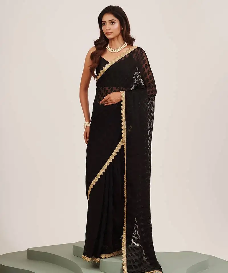 Black partywear sequinned embellished brasso saree