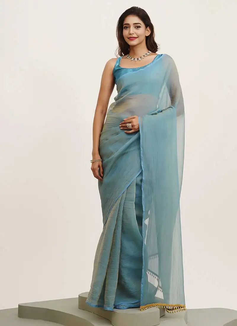 Turquoise blue color beautiful partywear solid satin saree