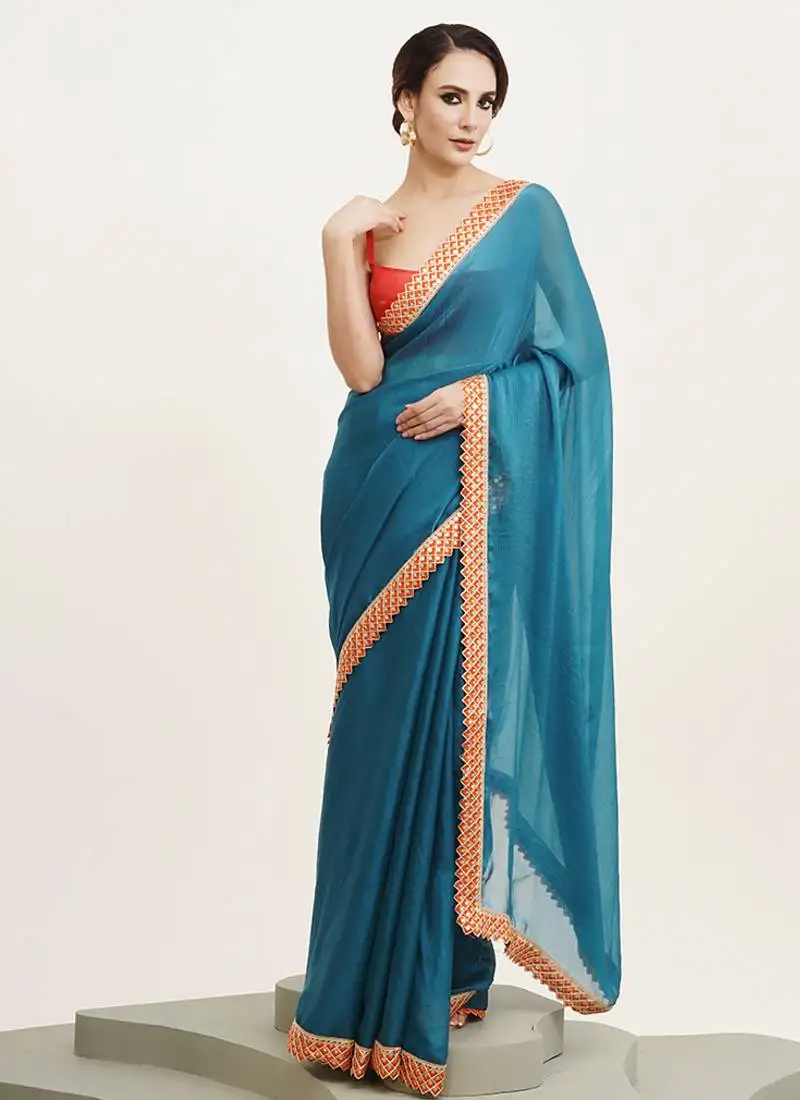 Teal color beautiful partywear embellished sequinned chiffon saree