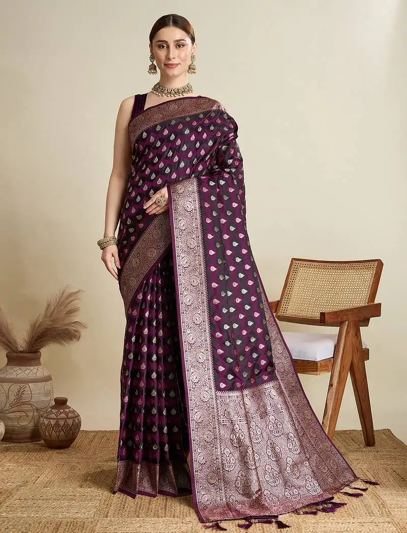 Wine color satin silk wevon jari designer graceful ethnic saree
