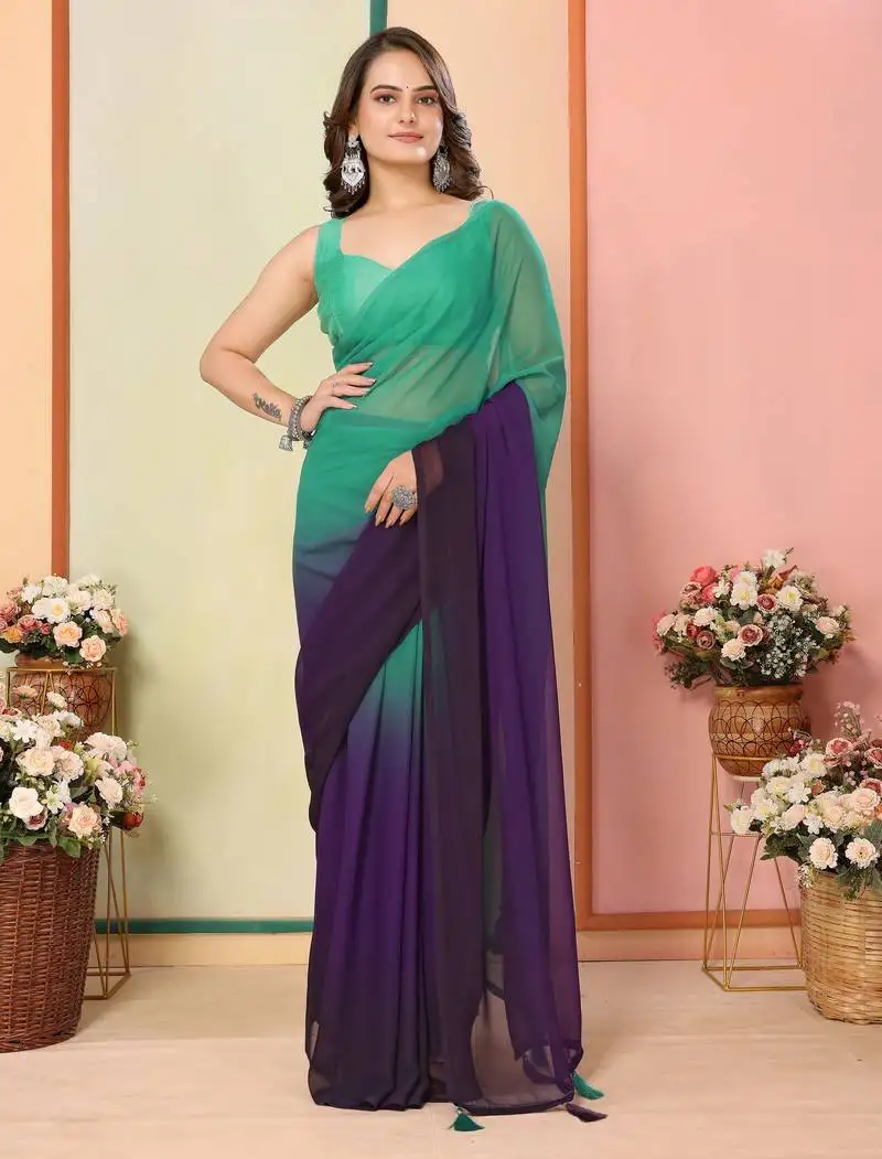 Sea green color beautiful pedding color printed georgette fabric ready to wear saree