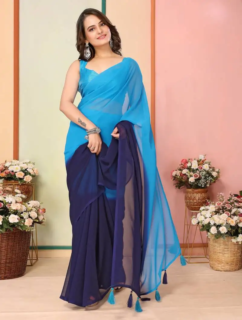 Blue color beautiful pedding color printed georgette fabric ready to wear saree