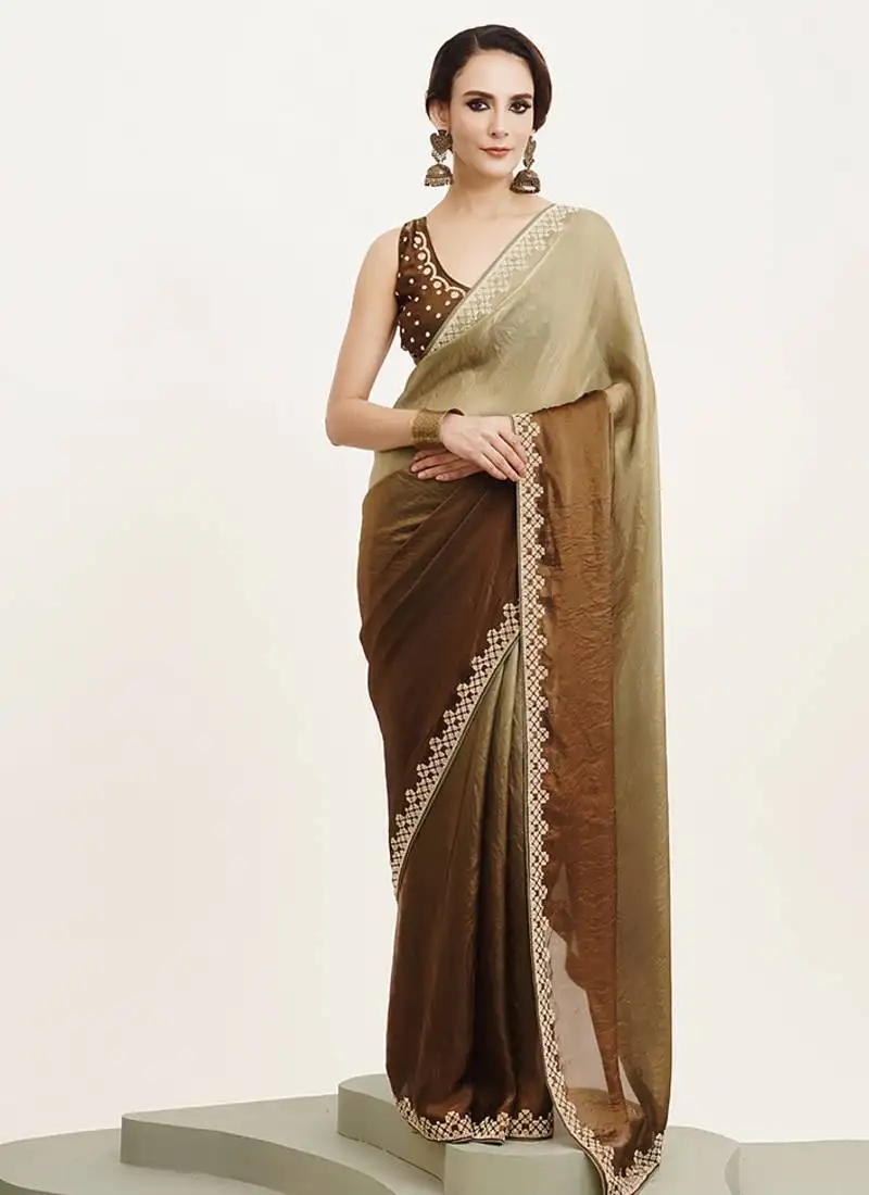 Green color embellished beads and stones satin saree for beautiful partywear saree