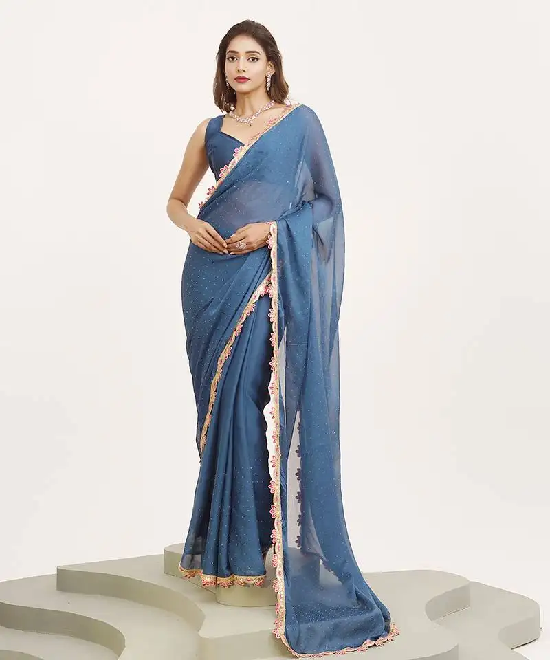 Teal color embellished sequinned chiffon saree for beautiful partywear saree