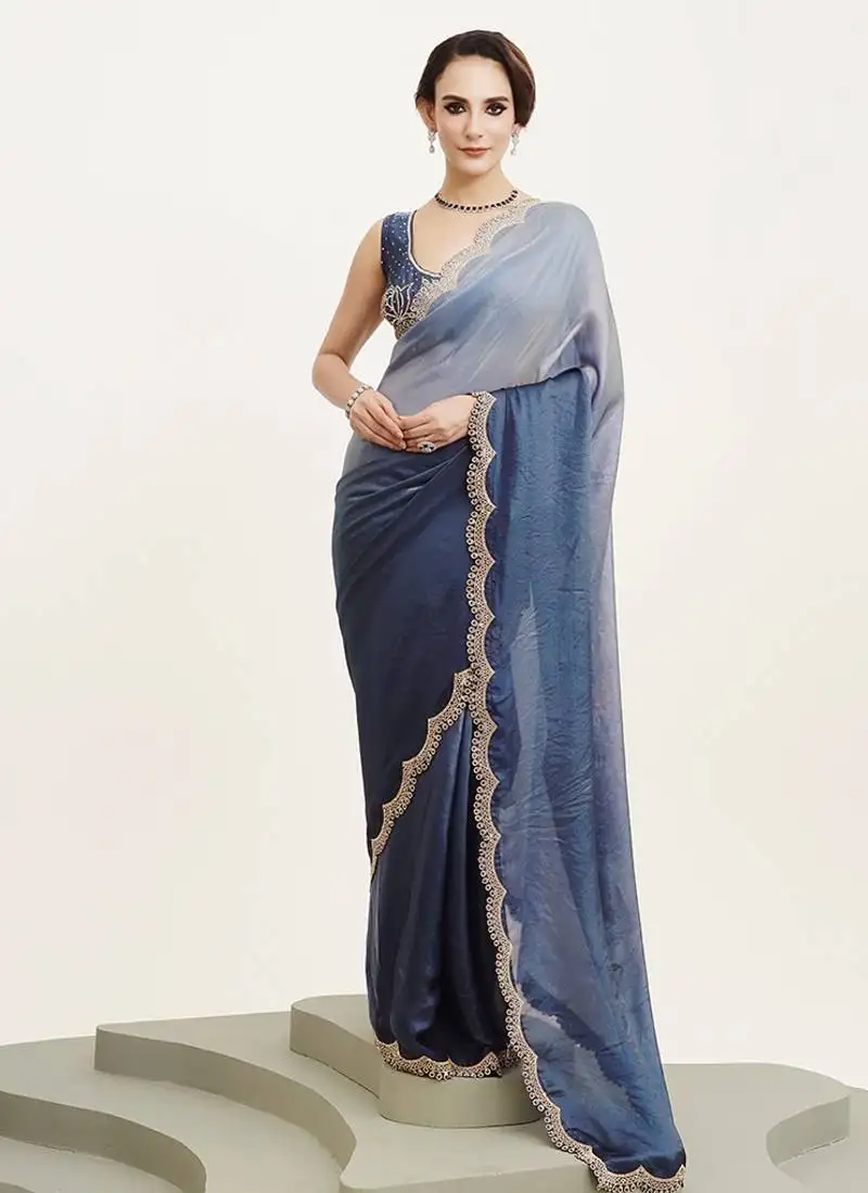Blue color embellished beads and stones satin saree for beautiful partywear saree